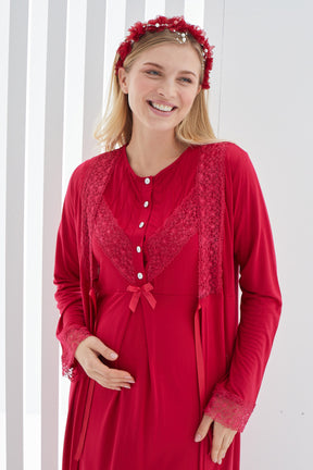 Lace Detailed Maternity & Nursing Nightgown With Robe Red - 2270