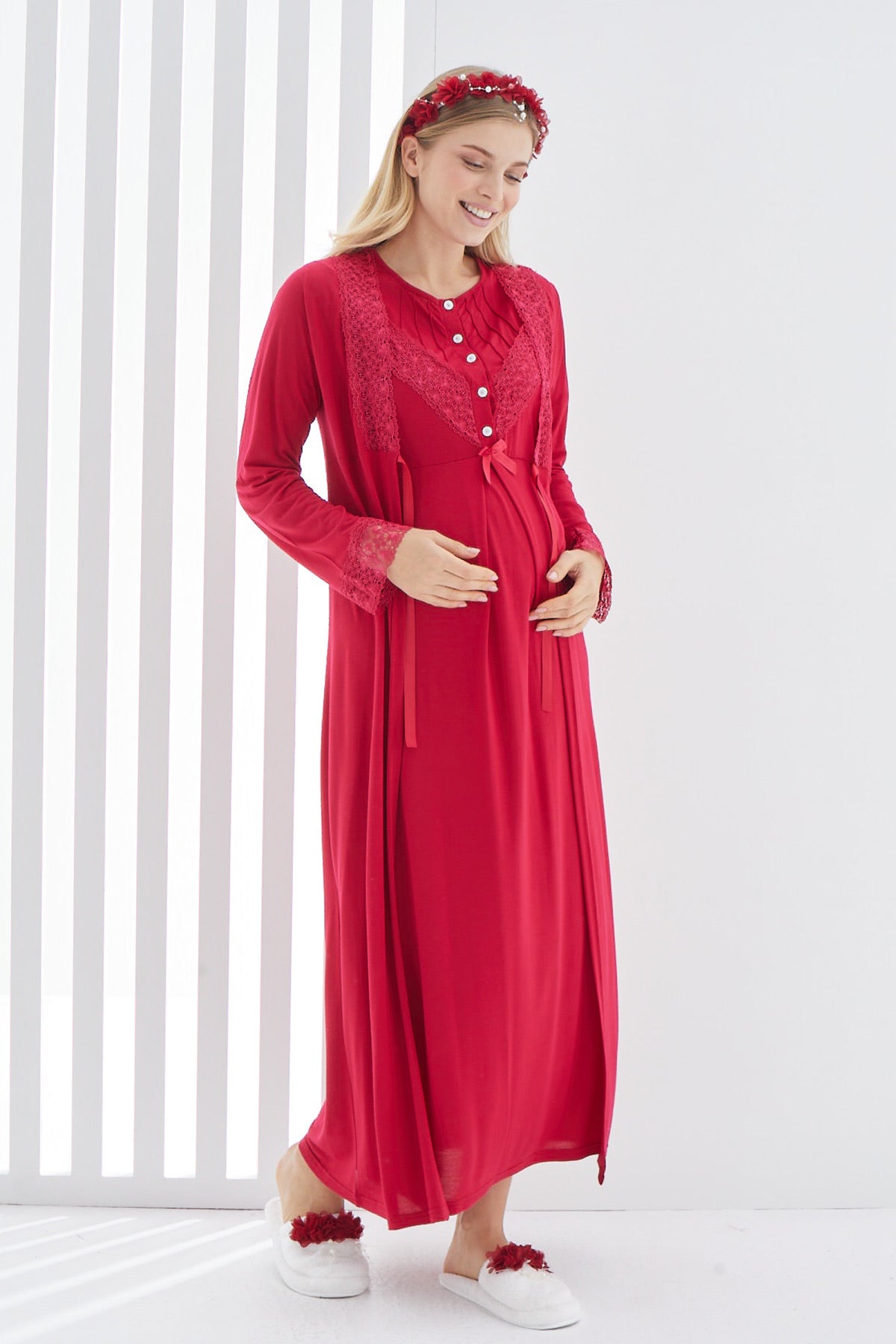 Lace Detailed Maternity & Nursing Nightgown With Robe Red - 2270