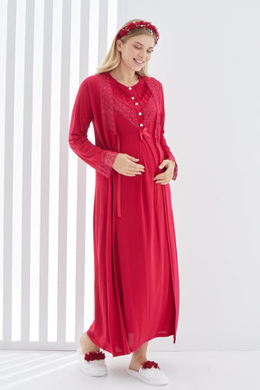 Lace Detailed Maternity & Nursing Nightgown With Robe Red - 2270