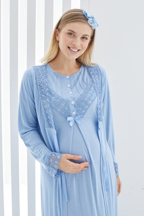 Lace Detailed Maternity & Nursing Nightgown With Robe Blue - 2270