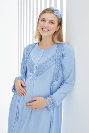 Lace Detailed Maternity & Nursing Nightgown With Robe Blue - 2270