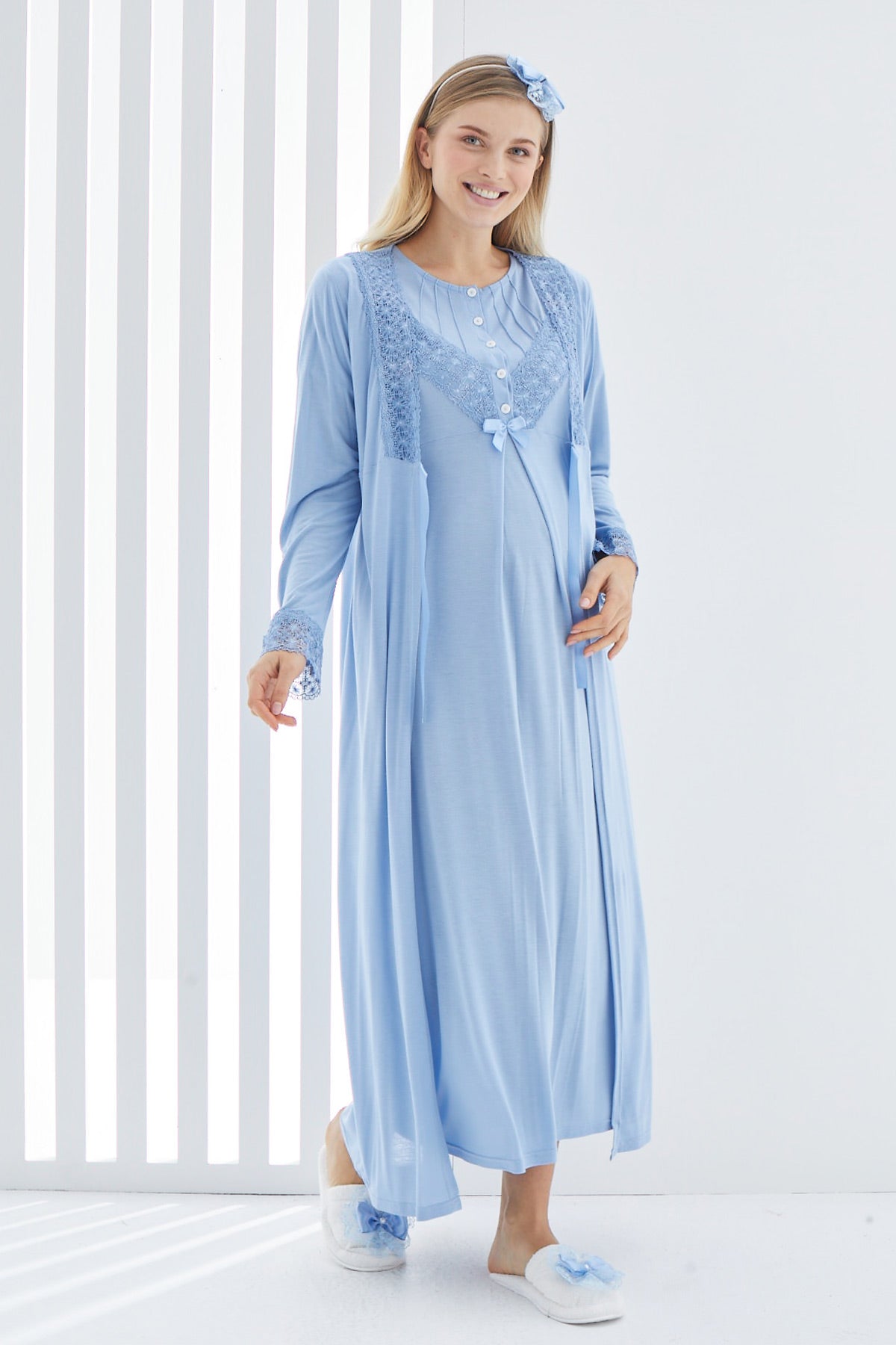 Lace Detailed Maternity & Nursing Nightgown With Robe Blue - 2270