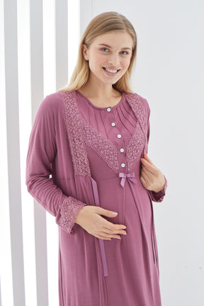 Lace Detailed Maternity & Nursing Nightgown With Robe Plum - 2270