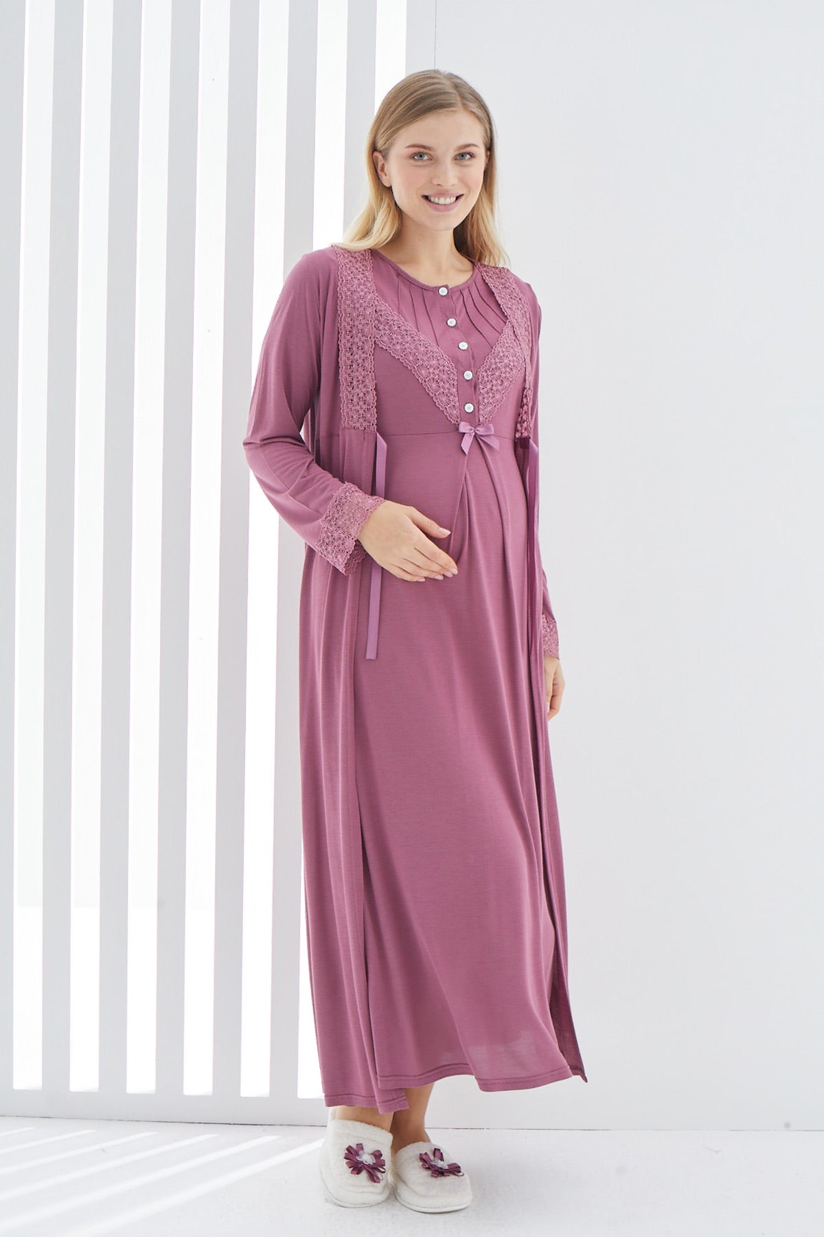 Lace Detailed Maternity & Nursing Nightgown With Robe Plum - 2270