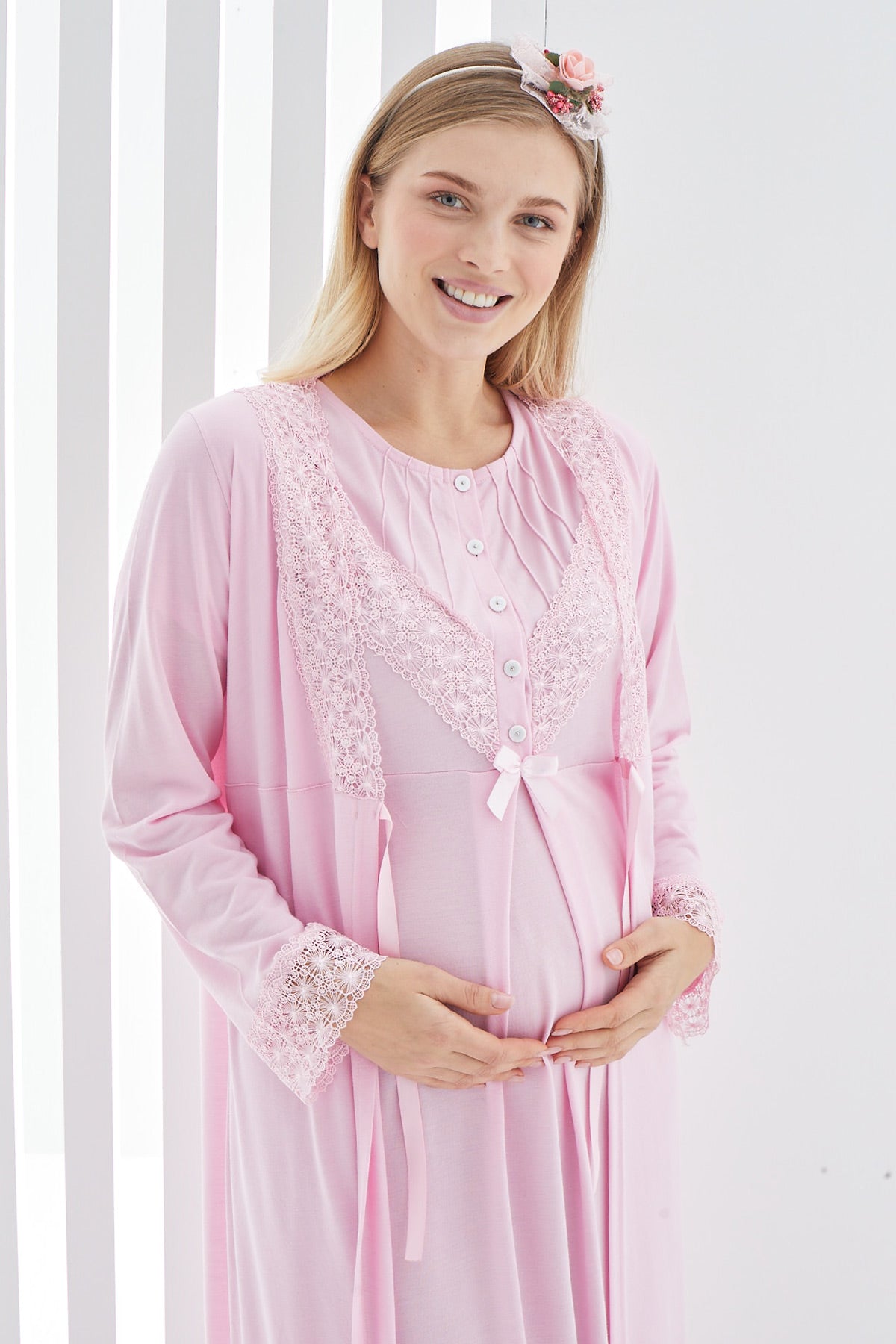 Lace Detailed Maternity & Nursing Nightgown With Robe Pink - 2270