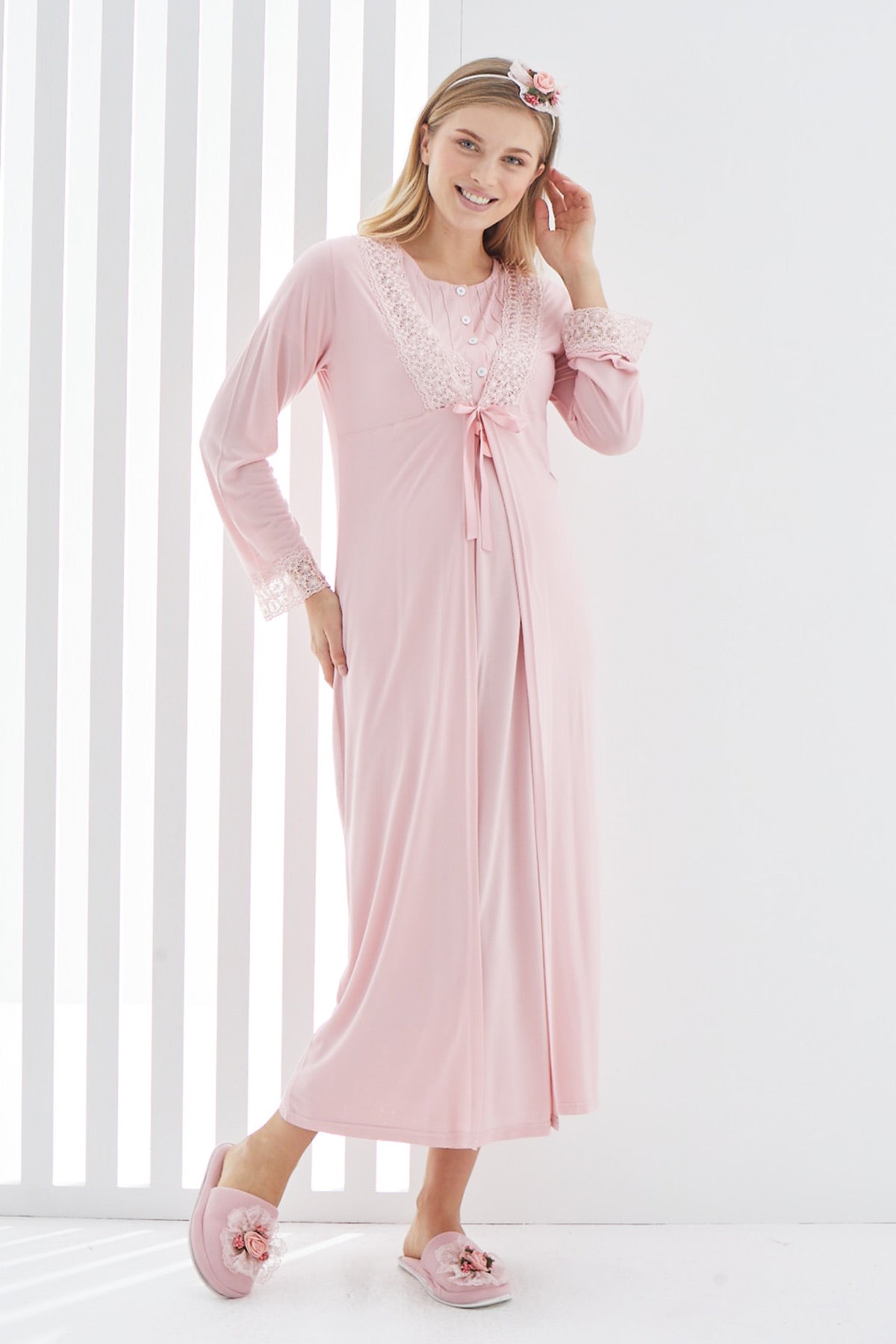 Lace Detailed Maternity & Nursing Nightgown With Robe Powder - 2270