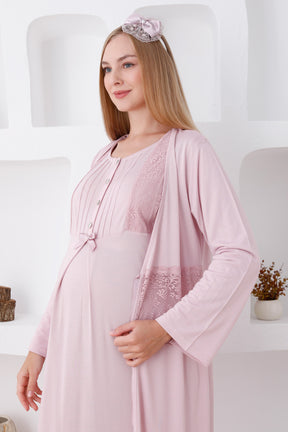 Flower Lace Maternity & Nursing Nightgown With Robe Powder - 2281