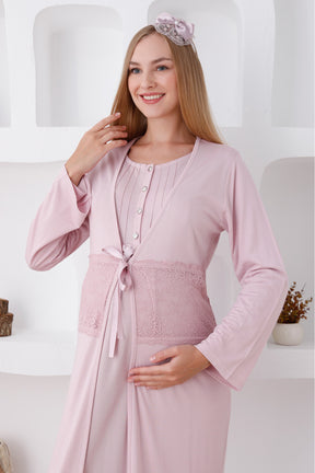 Flower Lace Maternity & Nursing Nightgown With Robe Powder - 2281