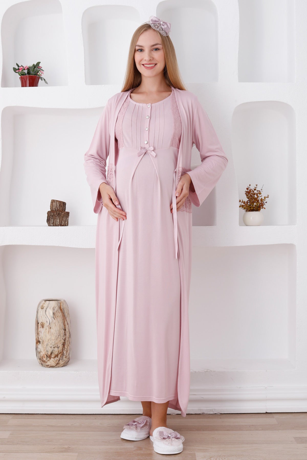 Flower Lace Maternity & Nursing Nightgown With Robe Powder - 2281