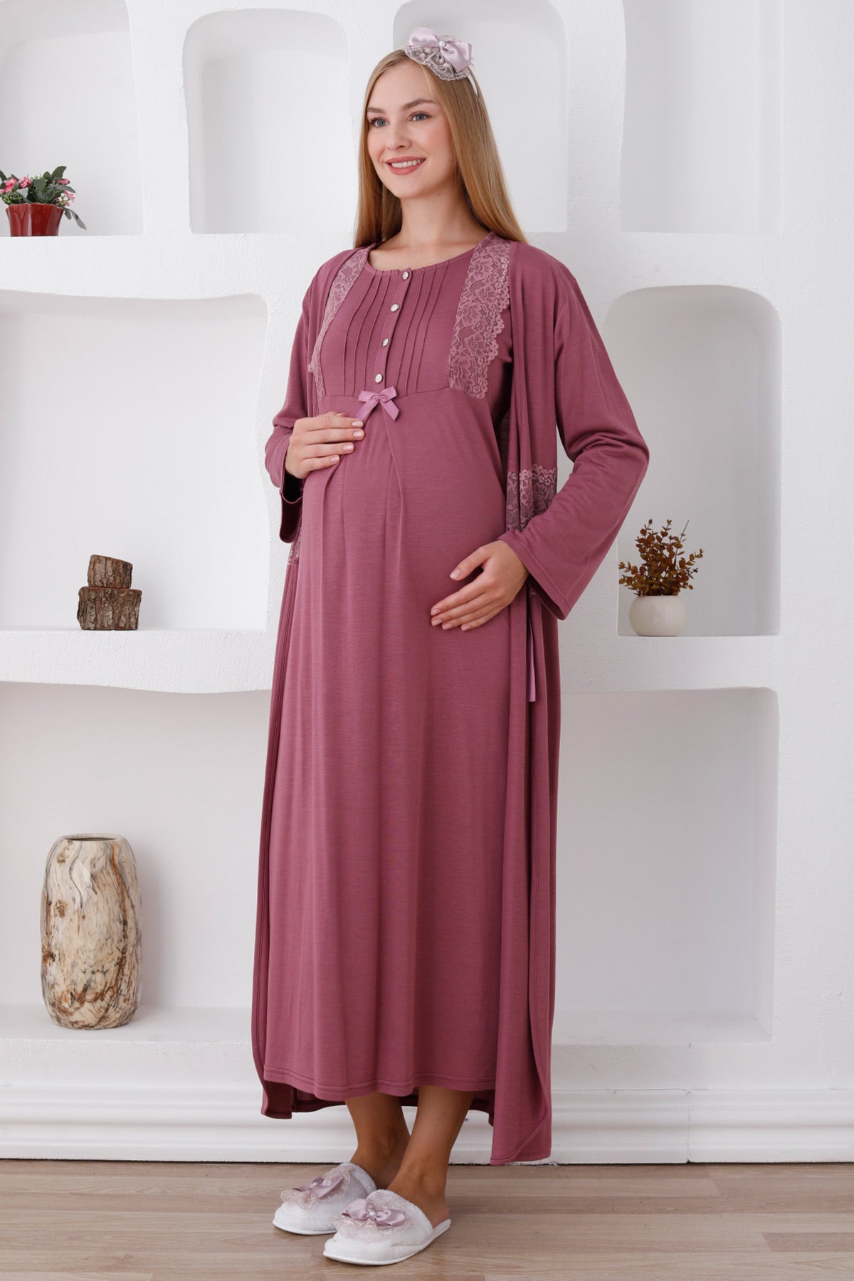 Flower Lace Maternity & Nursing Nightgown With Robe Plum - 2281