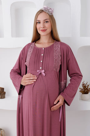 Flower Lace Maternity & Nursing Nightgown With Robe Plum - 2281