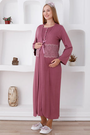 Flower Lace Maternity & Nursing Nightgown With Robe Plum - 2281