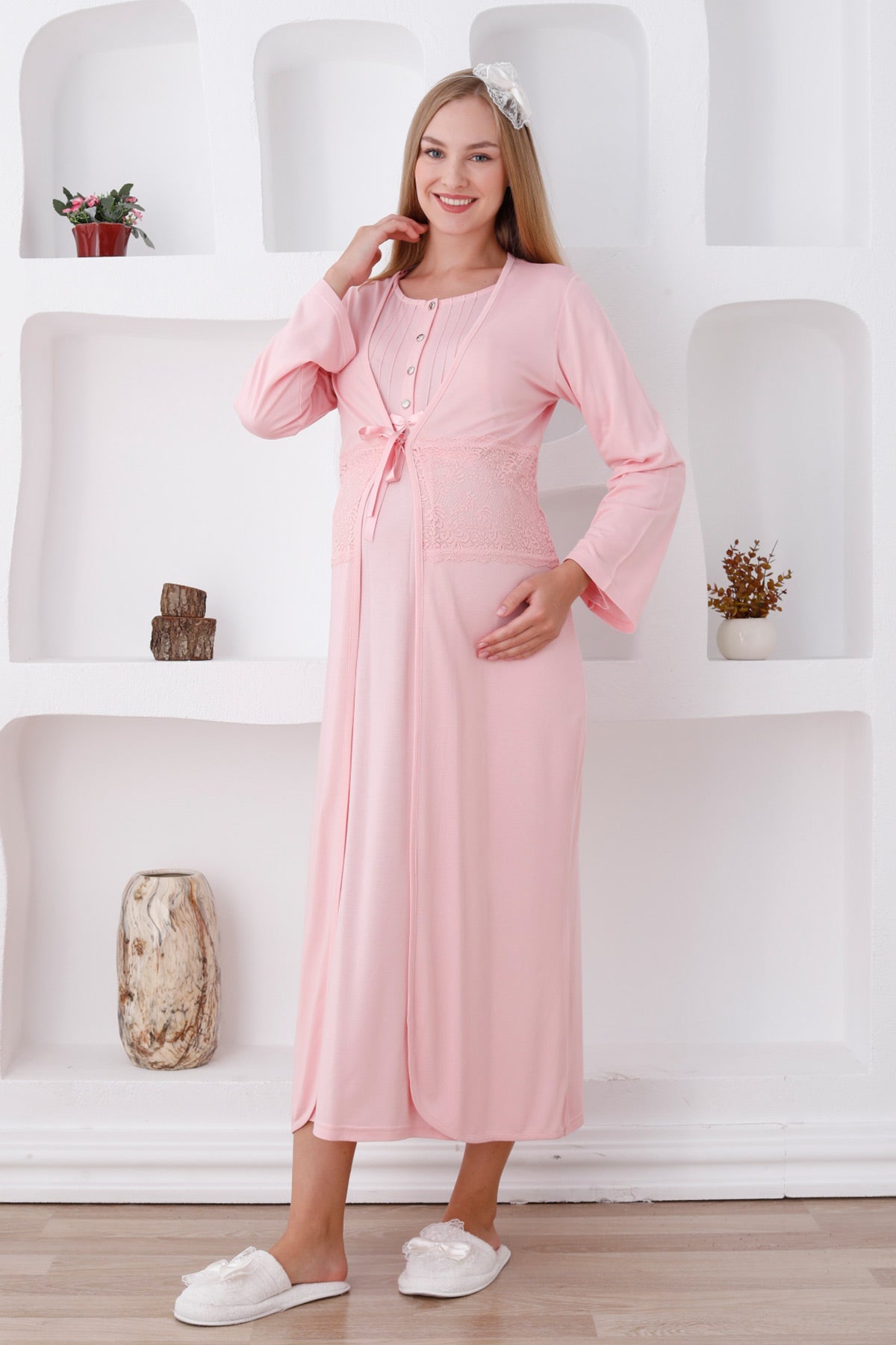 Flower Lace Maternity & Nursing Nightgown With Robe Salmon - 2281