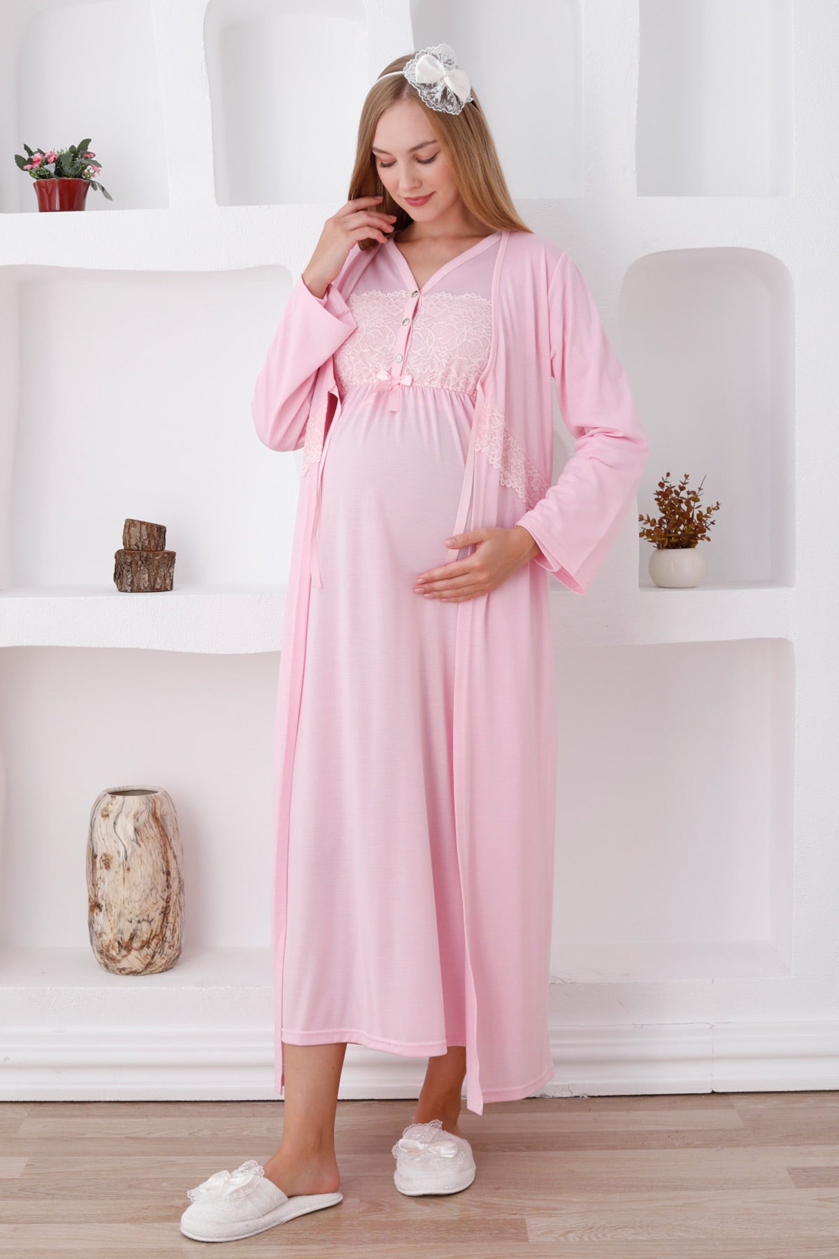 Flower Lace Collar Maternity-Nursing Nightgown & Robe Set Pink - 2282