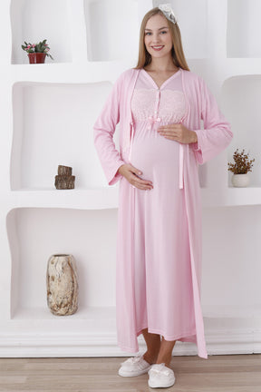 Flower Lace Collar Maternity-Nursing Nightgown & Robe Set Pink - 2282