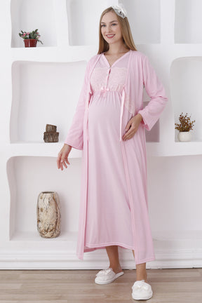 Flower Lace Collar Maternity-Nursing Nightgown & Robe Set Pink - 2282