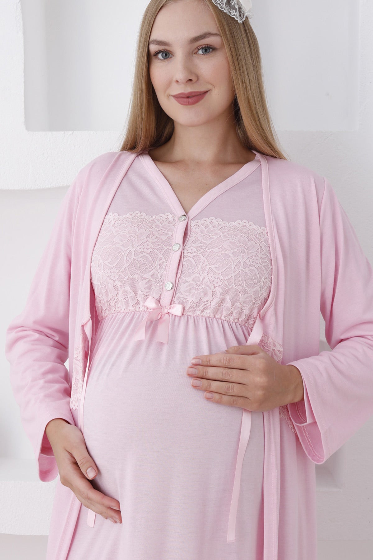 Flower Lace Collar Maternity-Nursing Nightgown & Robe Set Pink - 2282