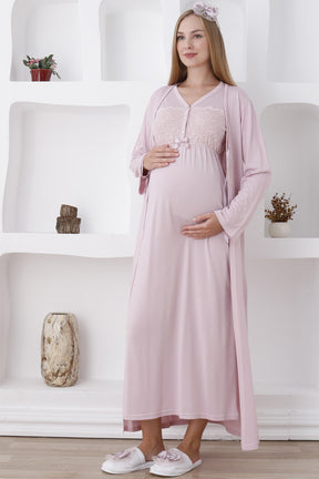 Flower Lace Collar Maternity-Nursing Nightgown & Robe Set Powder - 2282