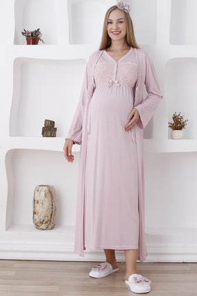 Flower Lace Collar Maternity-Nursing Nightgown & Robe Set Powder - 2282