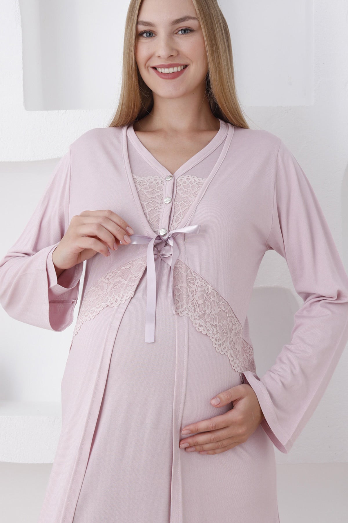 Flower Lace Collar Maternity-Nursing Nightgown & Robe Set Powder - 2282