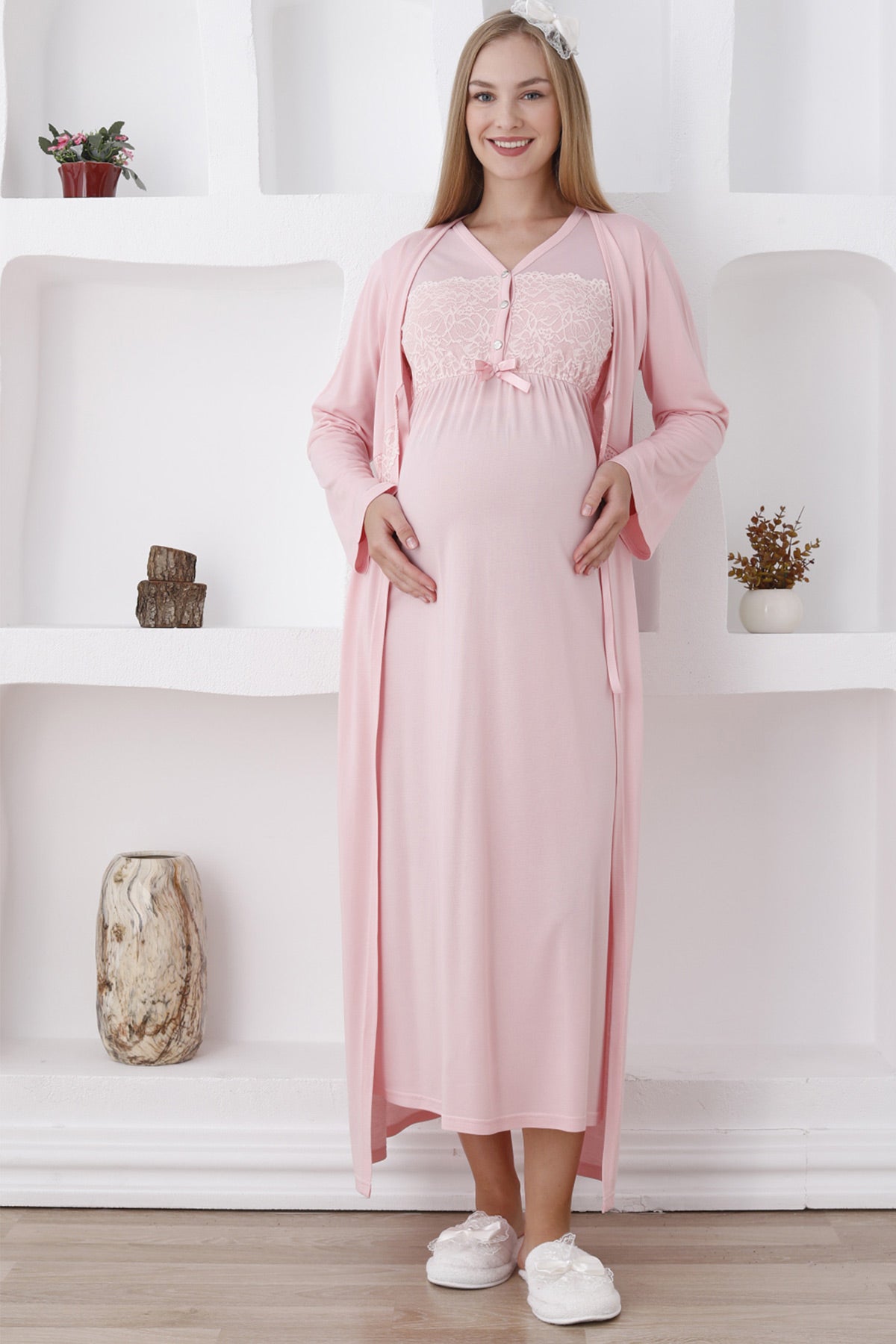 Flower Lace Collar Maternity-Nursing Nightgown & Robe Set Salmon - 2282