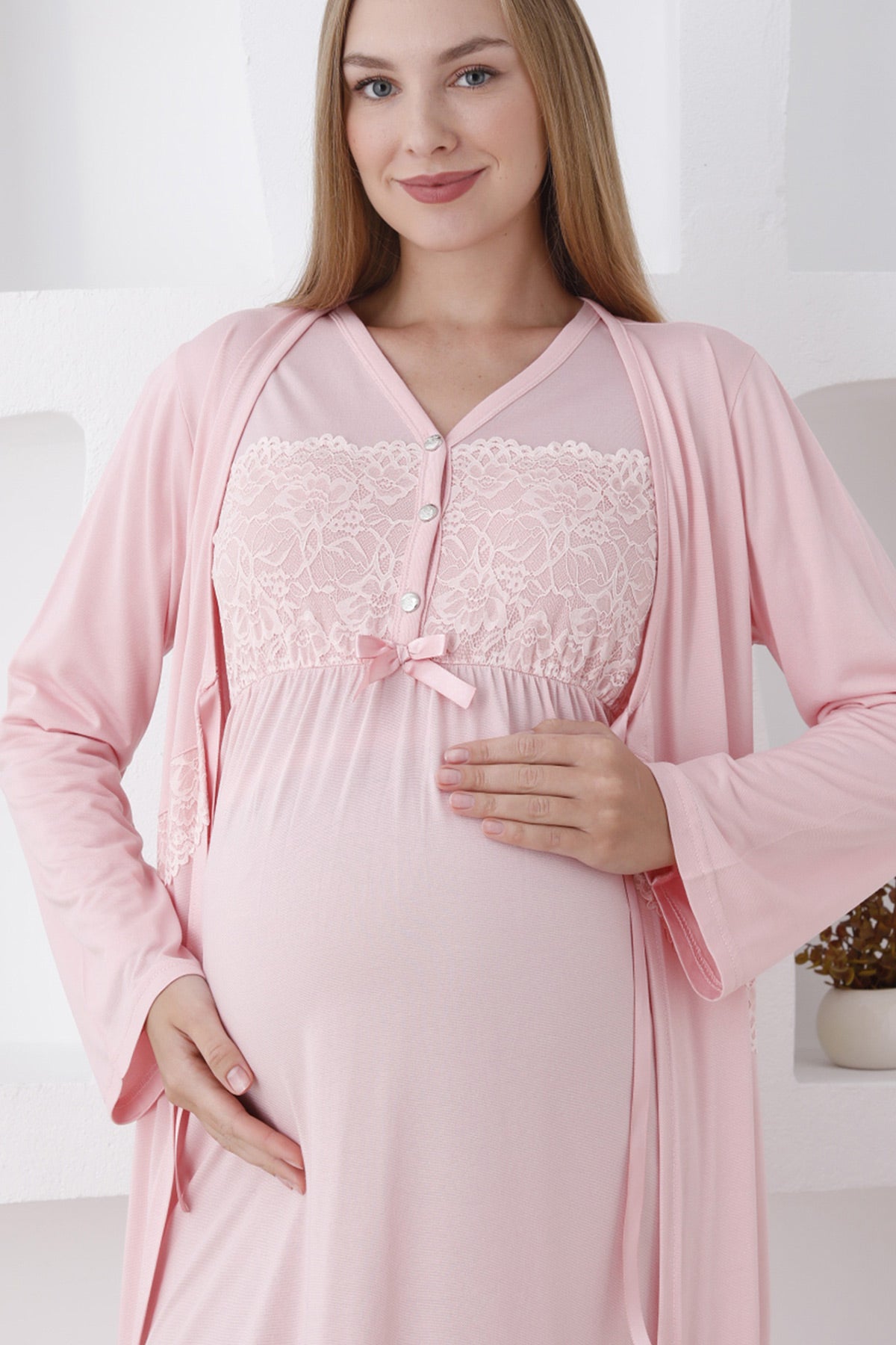 Flower Lace Collar Maternity-Nursing Nightgown & Robe Set Salmon - 2282