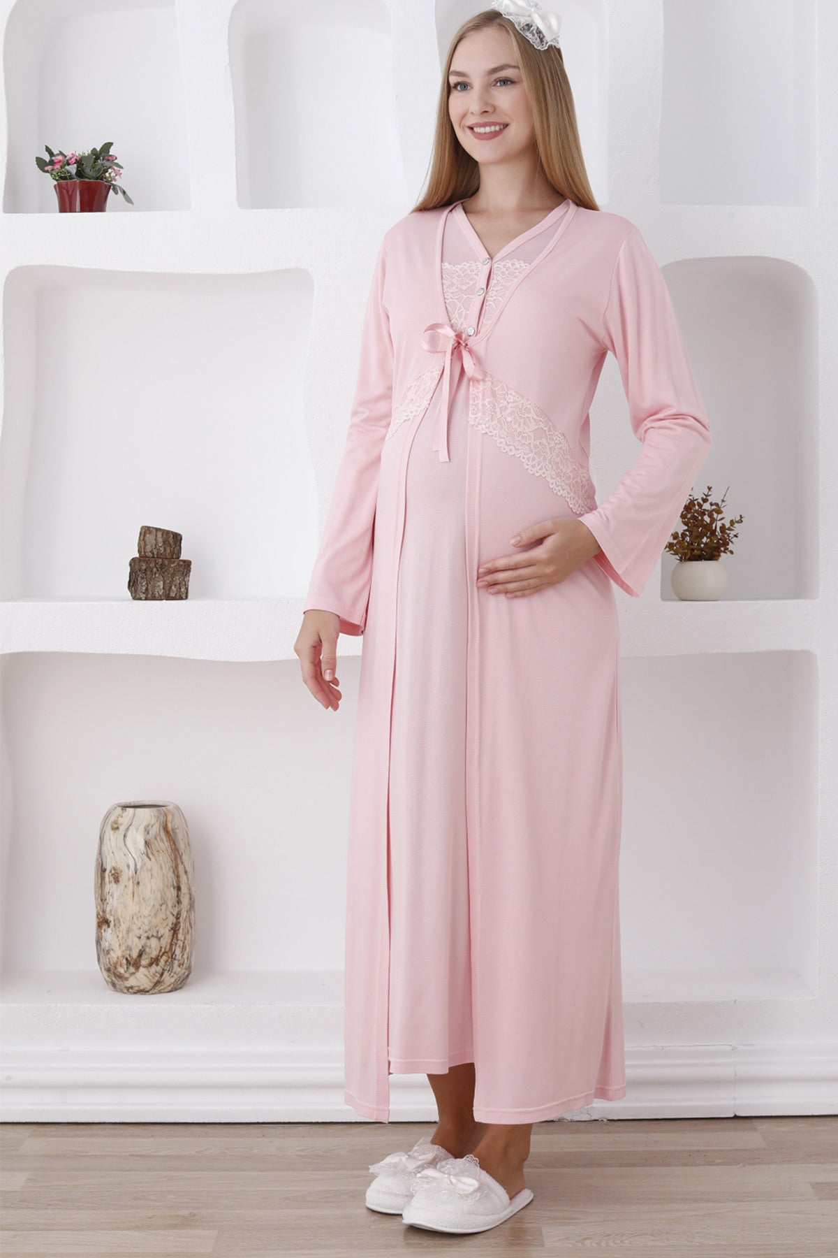 Flower Lace Collar Maternity-Nursing Nightgown & Robe Set Salmon - 2282