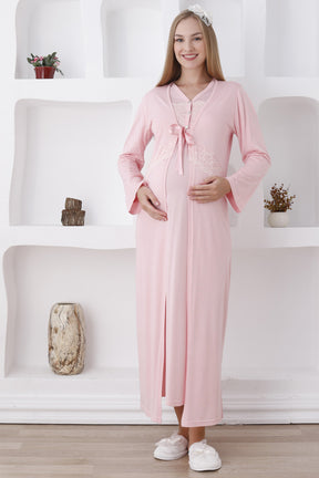 Flower Lace Collar Maternity-Nursing Nightgown & Robe Set Salmon - 2282