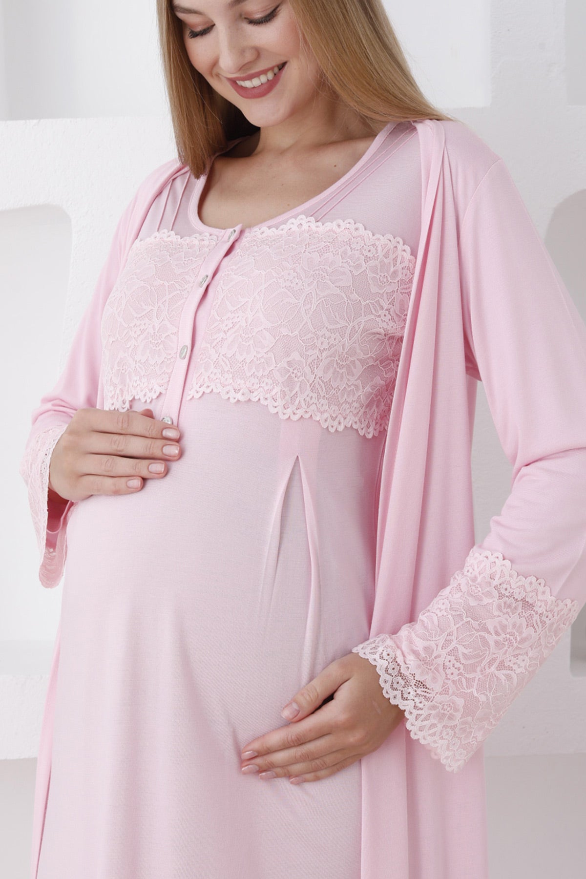 Lace Sleeve and Collar Maternity-Nursing Nightgown & Robe Set Pink - 2283