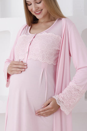 Lace Sleeve and Collar Maternity-Nursing Nightgown & Robe Set Pink - 2283