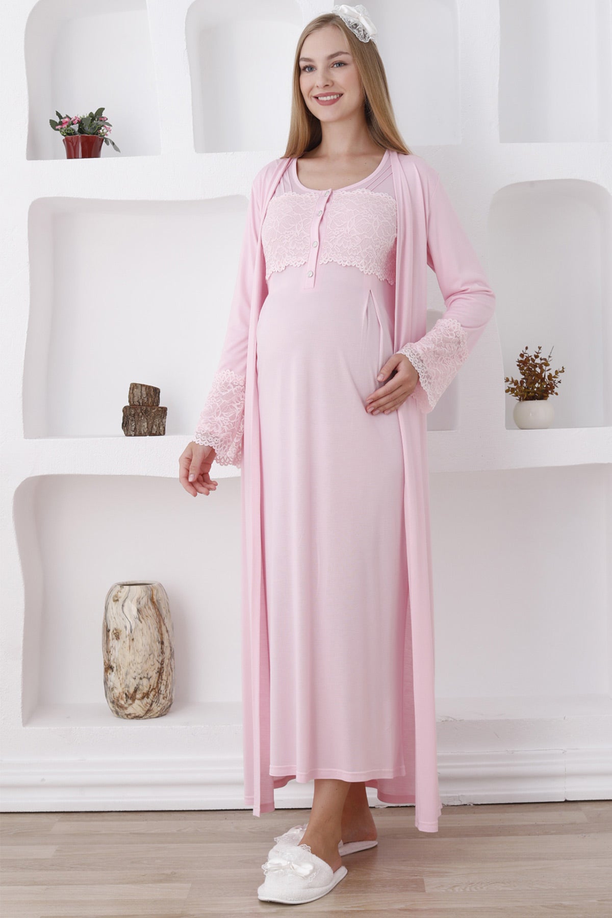 Lace Sleeve and Collar Maternity-Nursing Nightgown & Robe Set Pink - 2283