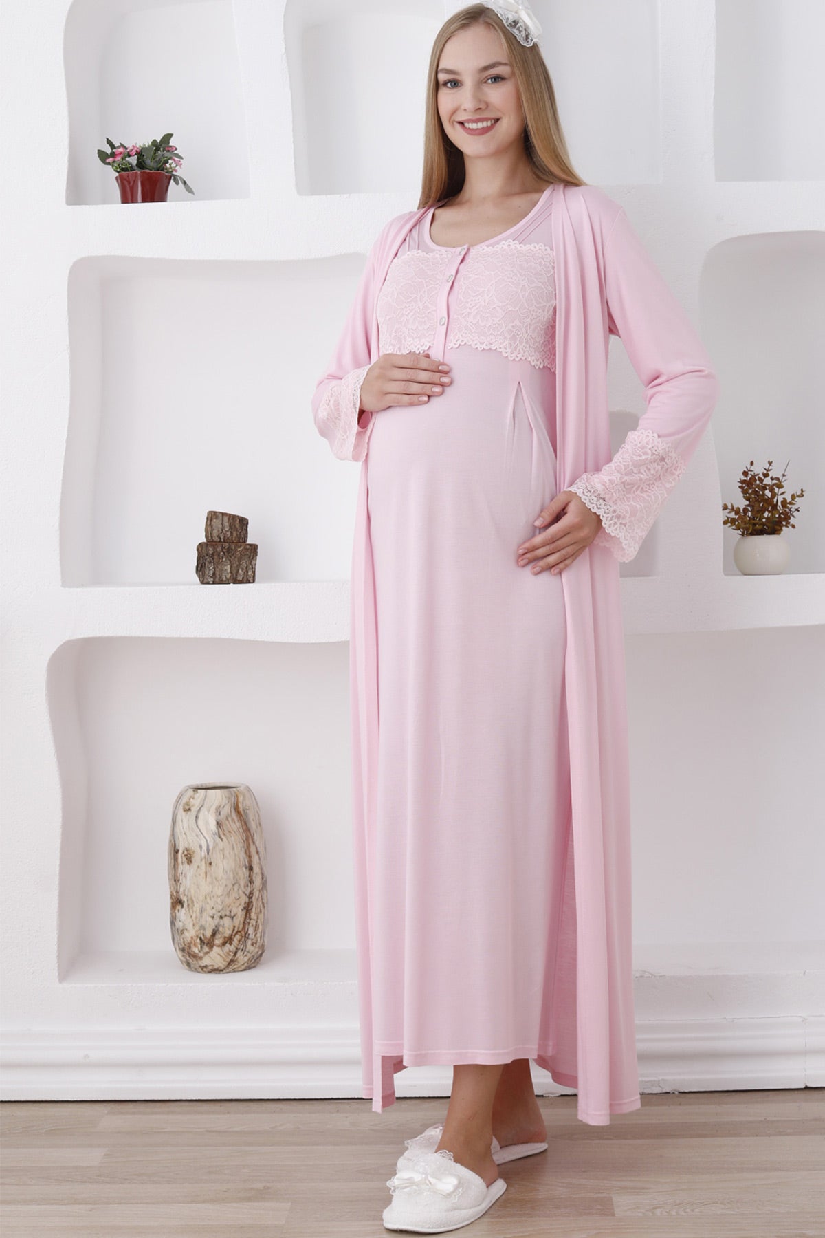 Lace Sleeve and Collar Maternity-Nursing Nightgown & Robe Set Pink - 2283