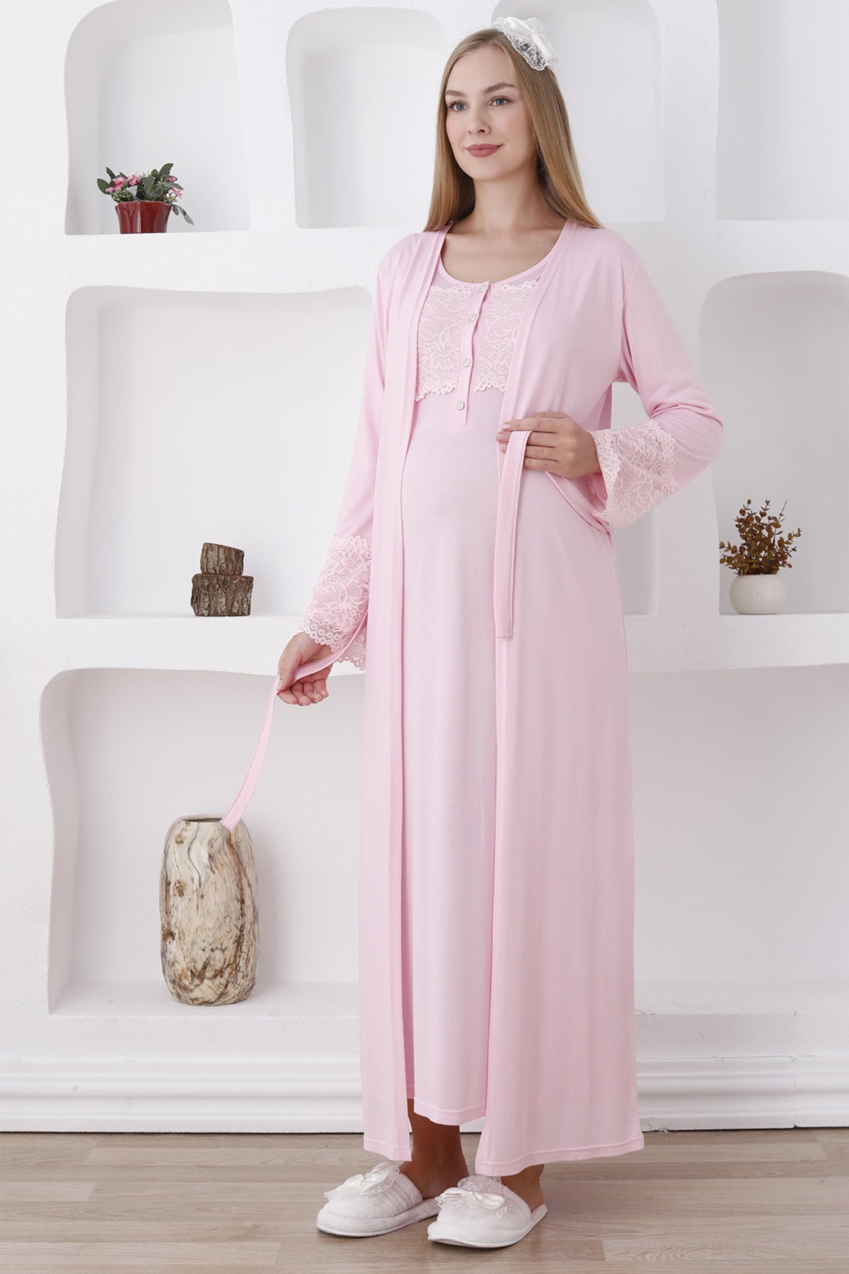 Lace Sleeve and Collar Maternity-Nursing Nightgown & Robe Set Pink - 2283