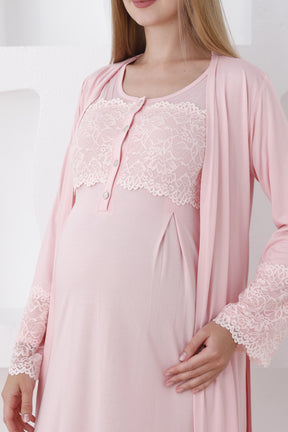 Lace Sleeve and Collar Maternity-Nursing Nightgown & Robe Set Salmon - 2283