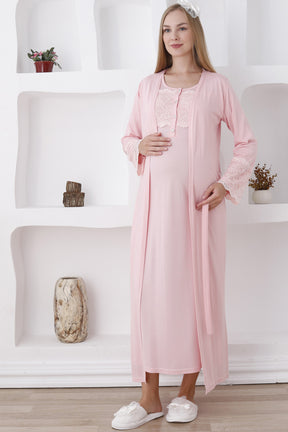 Lace Sleeve and Collar Maternity-Nursing Nightgown & Robe Set Salmon - 2283