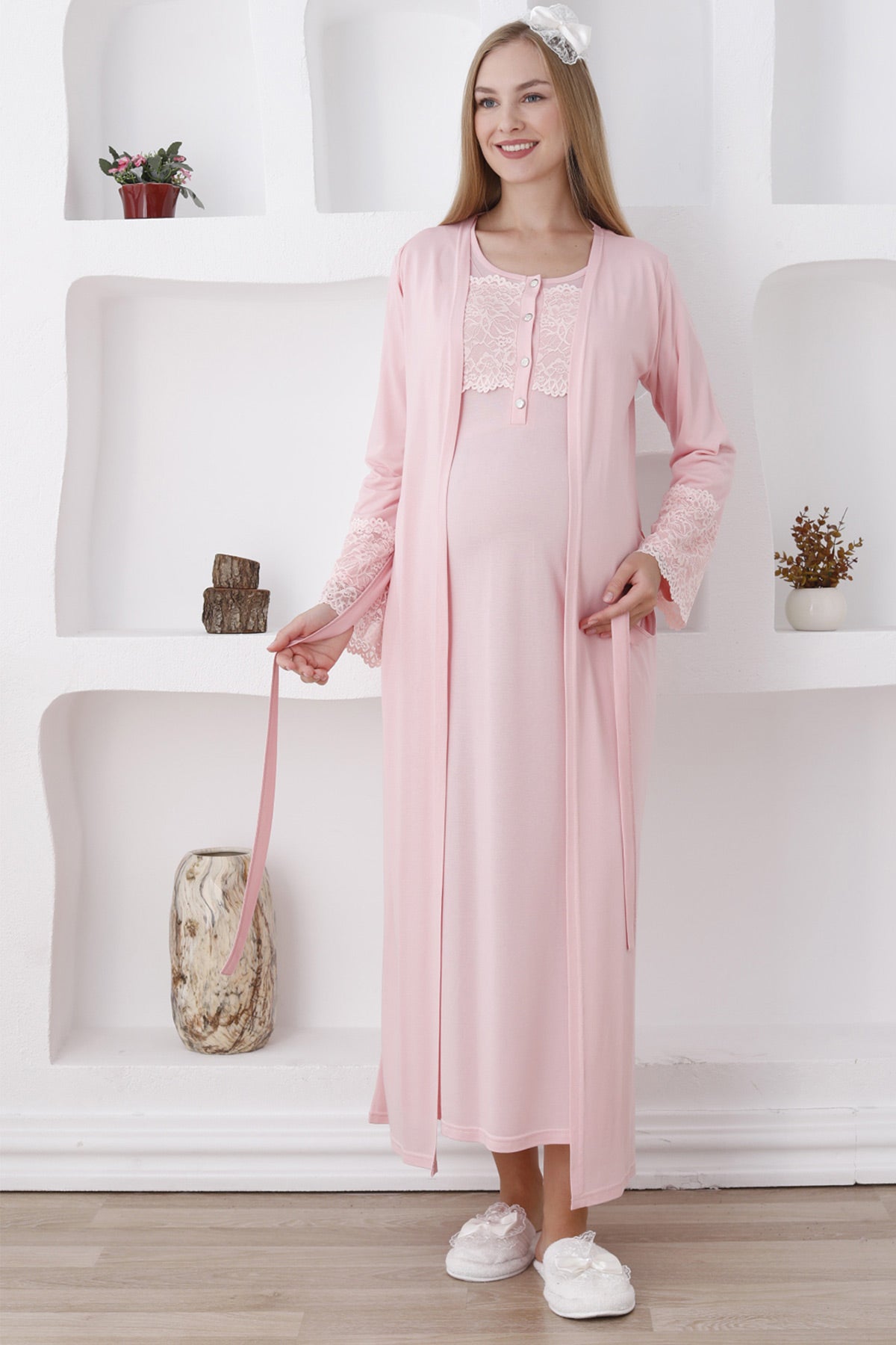 Lace Sleeve and Collar Maternity-Nursing Nightgown & Robe Set Salmon - 2283