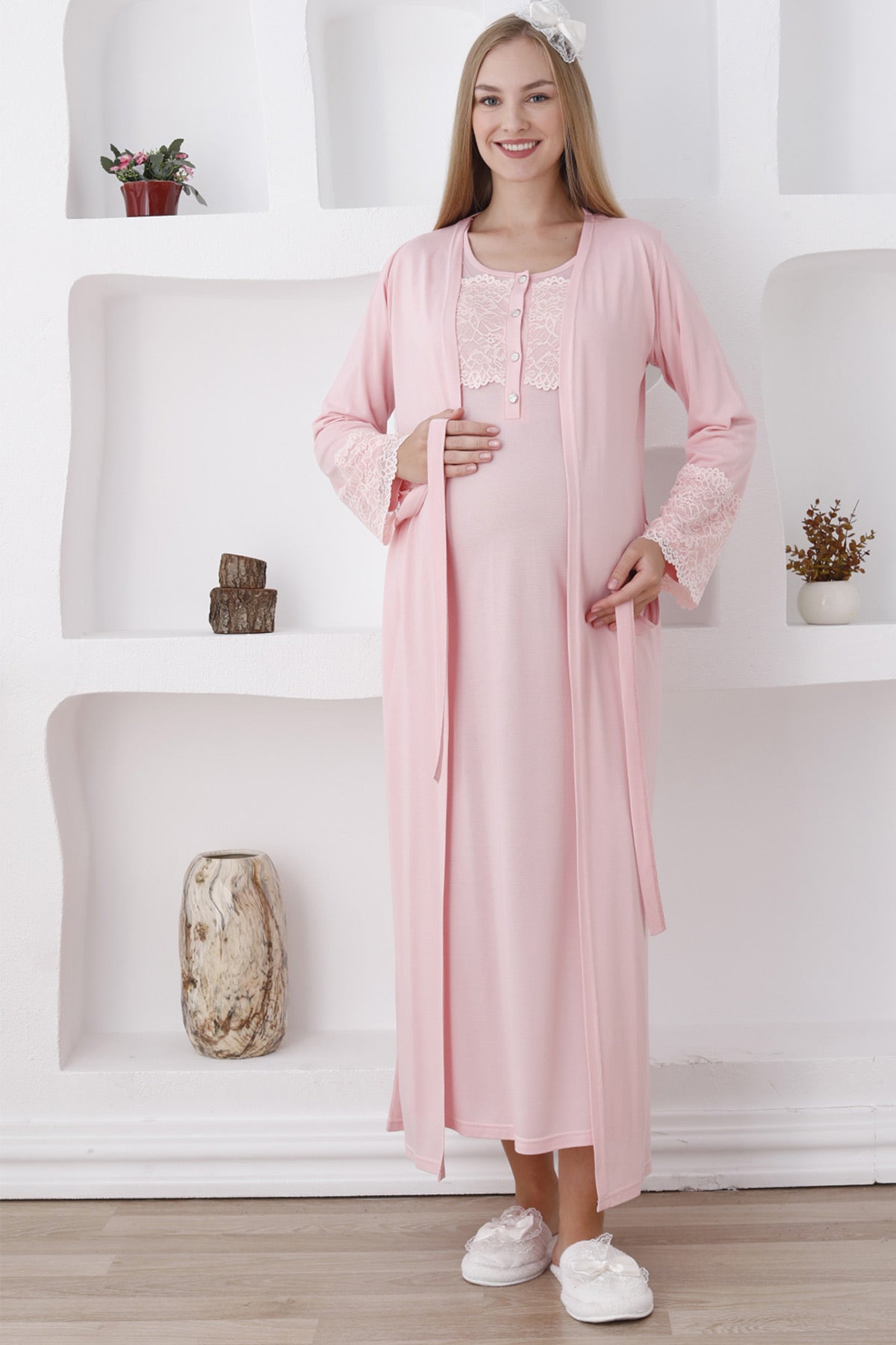 Lace Sleeve and Collar Maternity-Nursing Nightgown & Robe Set Salmon - 2283