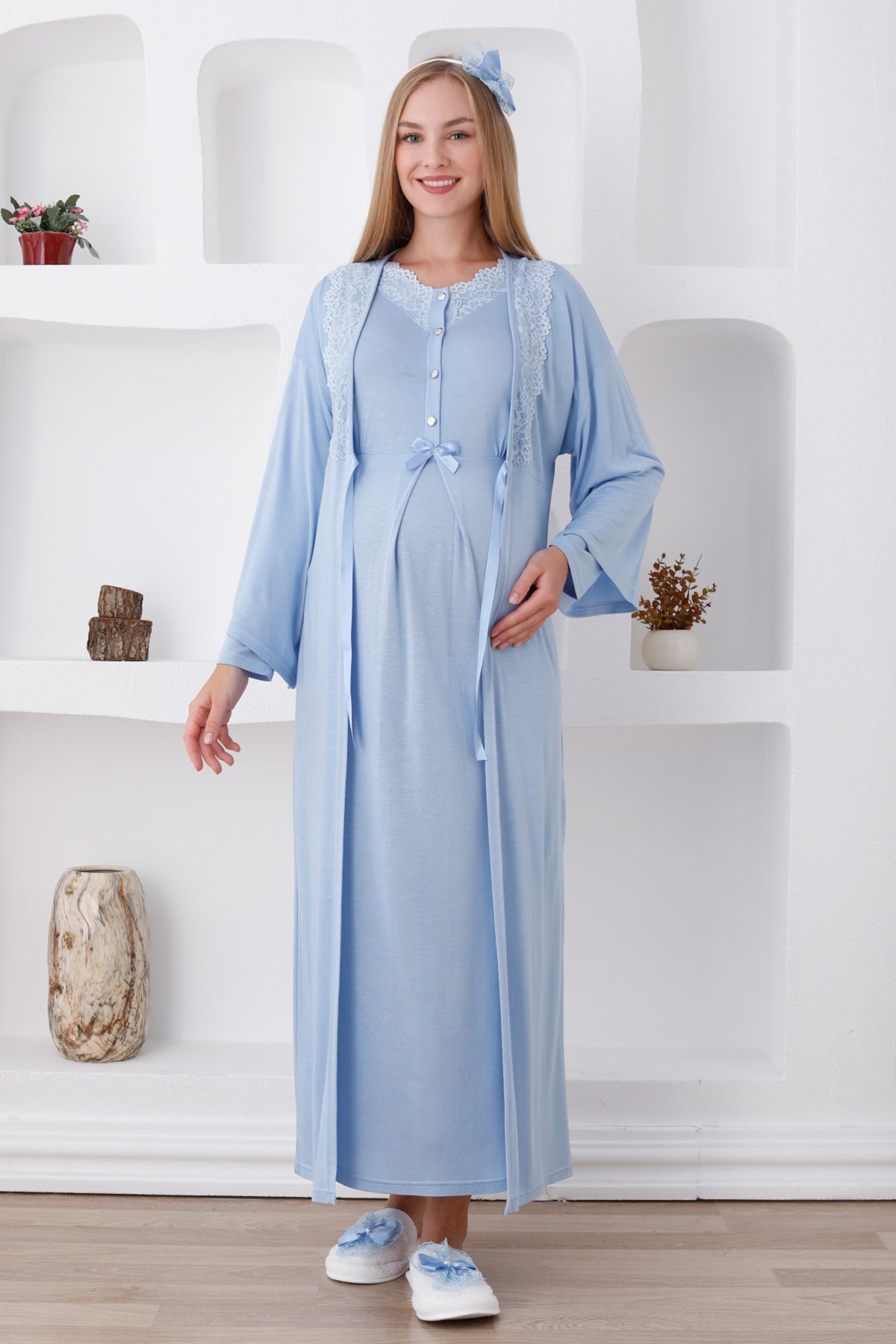 Lace Edge Maternity & Nursing Nightgown With Robe Blue - 2284