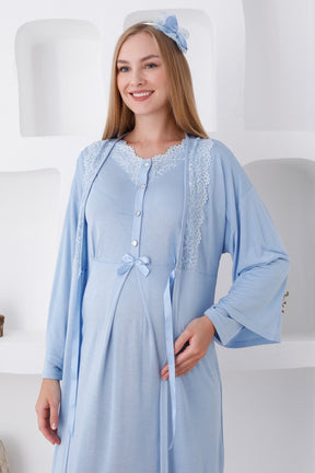 Lace Edge Maternity & Nursing Nightgown With Robe Blue - 2284