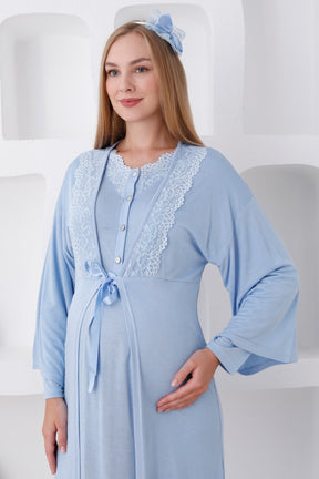 Lace Edge Maternity & Nursing Nightgown With Robe Blue - 2284