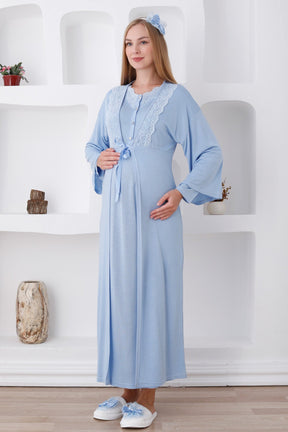 Lace Edge Maternity & Nursing Nightgown With Robe Blue - 2284