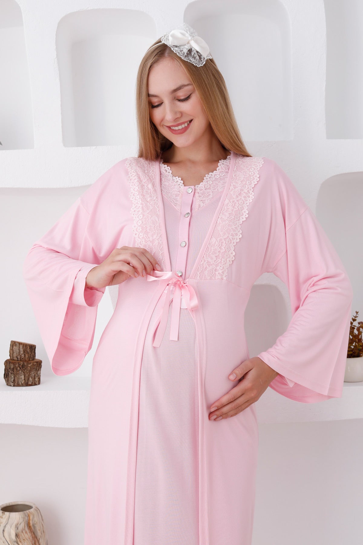 Lace Edge Maternity & Nursing Nightgown With Robe Pink - 2284