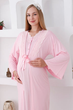 Lace Edge Maternity & Nursing Nightgown With Robe Pink - 2284