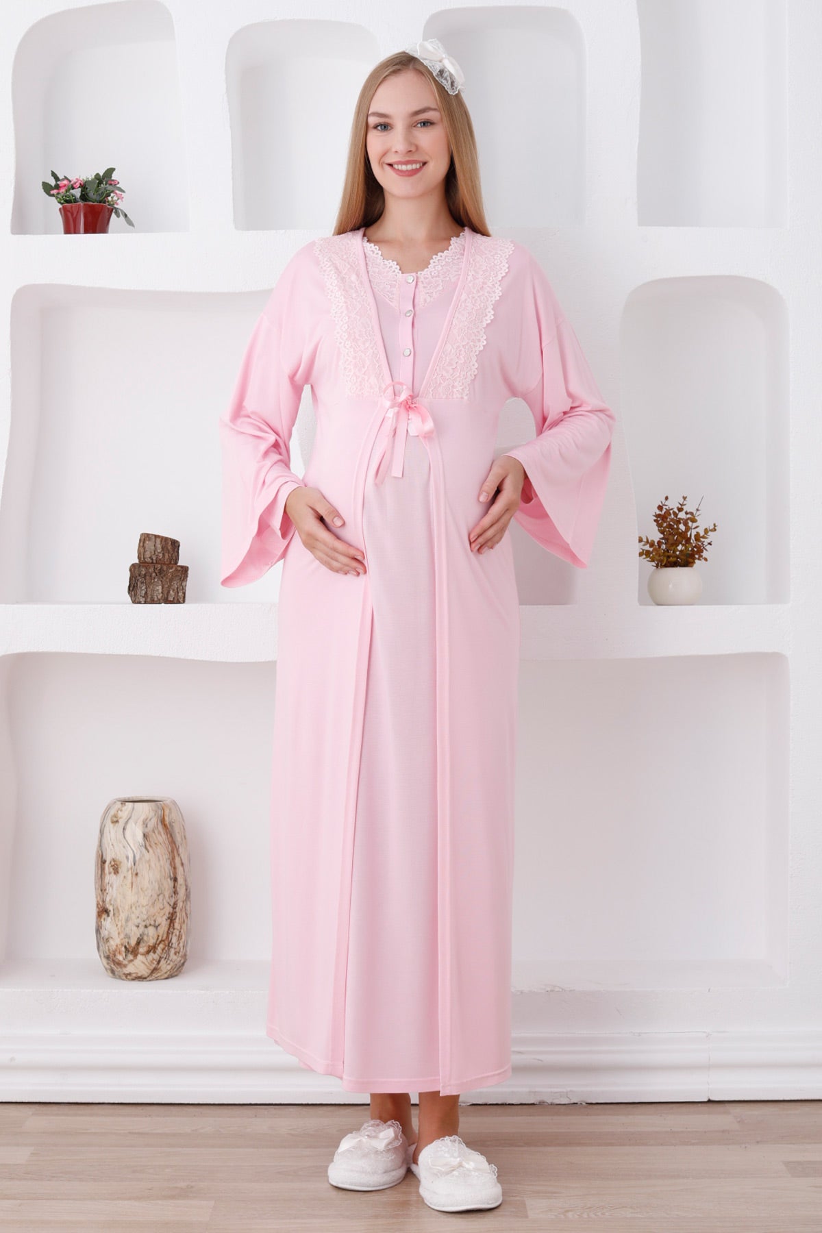 Lace Edge Maternity & Nursing Nightgown With Robe Pink - 2284