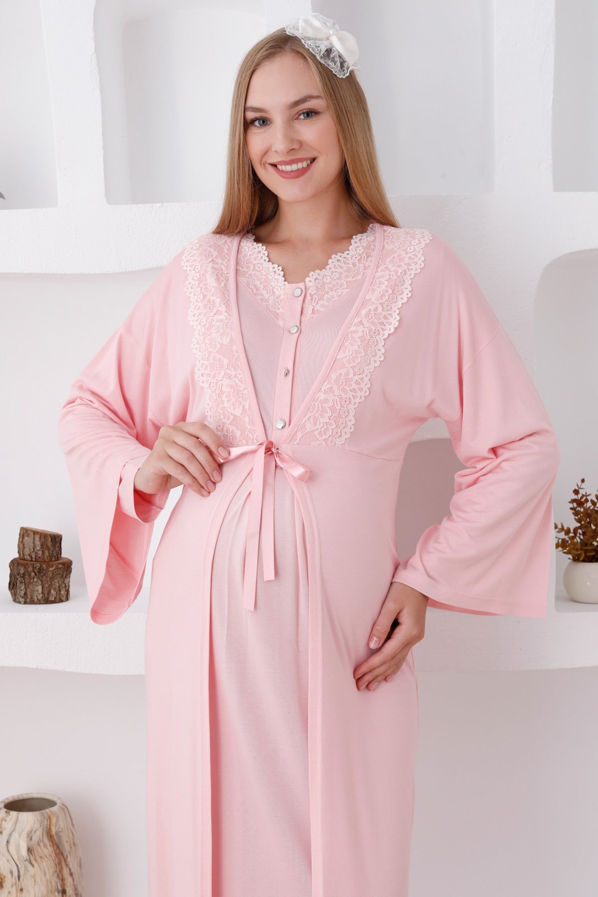 Lace Edge Maternity & Nursing Nightgown With Robe Salmon - 2284