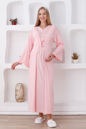 Lace Edge Maternity & Nursing Nightgown With Robe Salmon - 2284