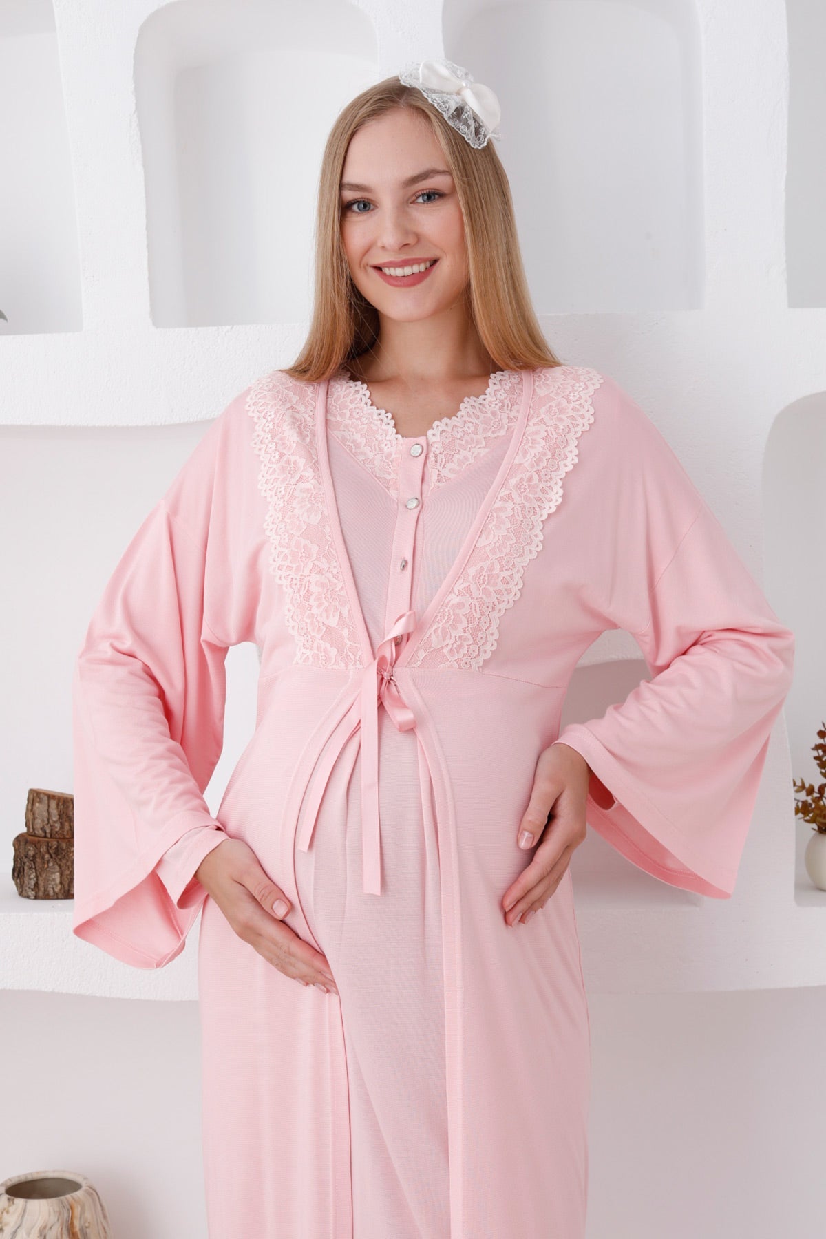 Lace Edge Maternity & Nursing Nightgown With Robe Salmon - 2284