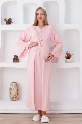 Lace Edge Maternity & Nursing Nightgown With Robe Salmon - 2284