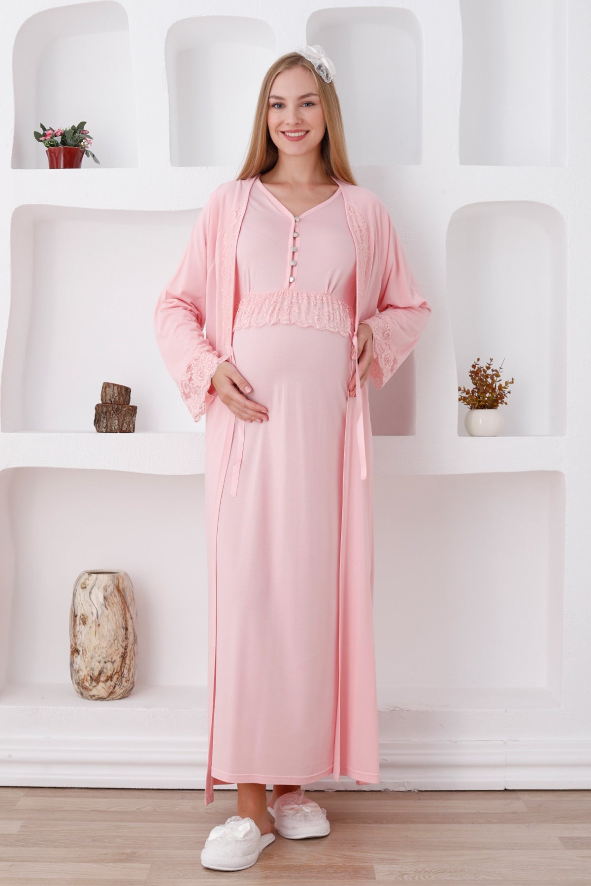 Lace Sleeve Maternity & Nursing Nightgown With Robe Salmon - 2285