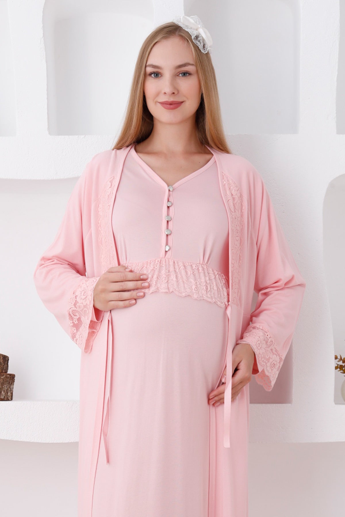 Lace Sleeve Maternity & Nursing Nightgown With Robe Salmon - 2285